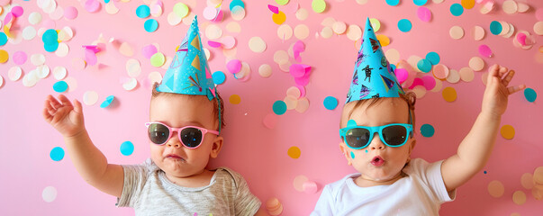 Baby boys with party hat and sunglasses on pink background with confetti