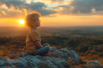 Little boy smiling happily sitting on a book against the sunset sky Concept of developing children's imagination About education and reading