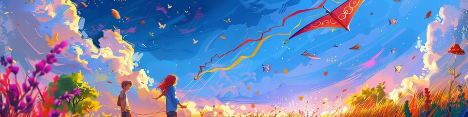 Young couple in a vibrant cartoon meadow fairy tale setting flying kites with enchanting park creatures - obrazy, fototapety, plakaty