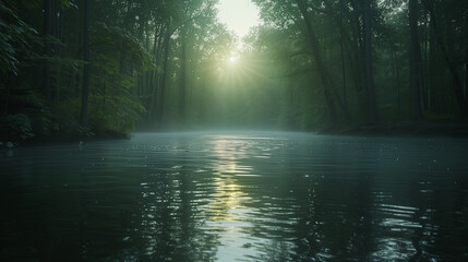 The tranquil river reflects the verdant greenery of the dense tropical rainforest as soft sunlight filters through the mist, enveloping the scene in a serene ambiance at dawn. - obrazy, fototapety, plakaty