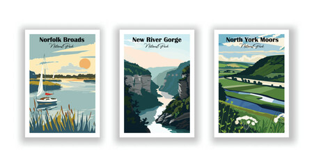 New River Gorge. Norfolk Broads. North York Moors, National Park - Vintage travel poster. Vector illustration. High quality prints