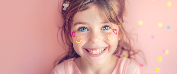 Cheerful little girl with blue eyes and smiley at on his face on pink background. International Children's Day. Copy space