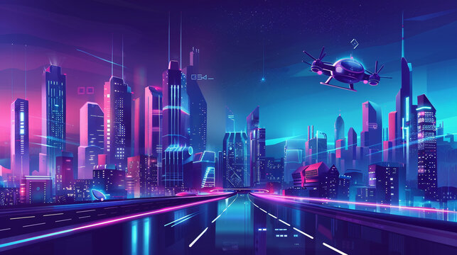 A futuristic city skyline with sleek skyscrapers and flying cars creating a sense of wonder and awe at the possibilities of technology