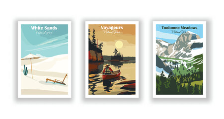 Tuolumne Meadows, National Park. Voyageurs, National Park. White Sands, National Park - Vintage travel poster. Vector illustration. High quality prints