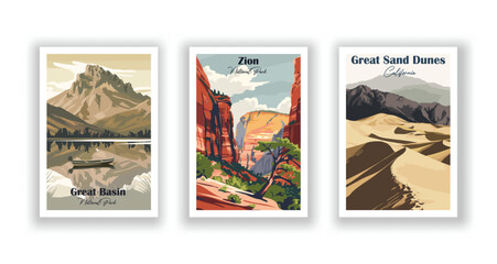 Zion, National Park. Great Basin, National Park. Great Sand Dunes, National Park - Vintage travel poster. Vector illustration. High quality prints