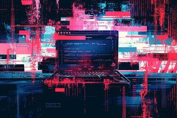 Create an artwork featuring a laptop surrounded by glitchy error messages and warning signs - obrazy, fototapety, plakaty