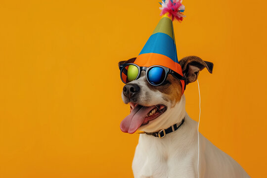 Funny party dog wearing colorful summer hat and stylish sunglasses. Orange background
