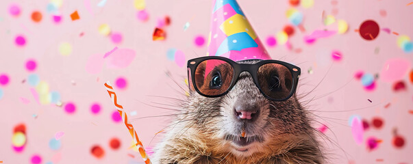 Happy Birthday, carnival, New Year's eve, sylvester or other festive celebration, funny animals card banner - Marmot with party hat and sunglasses on pink background with confetti. - obrazy, fototapety, plakaty