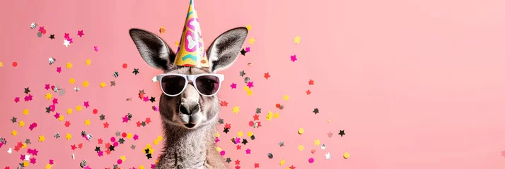 Raamstickers Kangaroo with party hat and sunglasses on pink background with confetti. © wolfhound911
