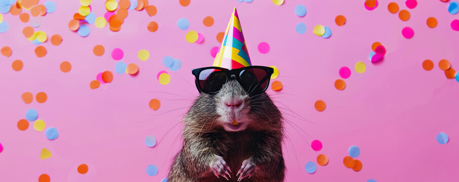 Gopher with party hat and sunglasses on pink background with confetti