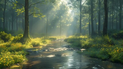 A tranquil forest glade illuminated by shafts of sunlight filtering through the trees, with a gentle stream babbling in the background - obrazy, fototapety, plakaty