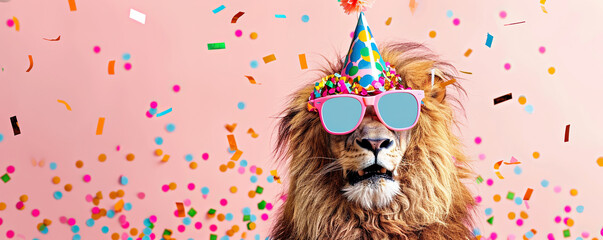 Funny party lion wearing colorful party hat and stylish sunglasses. Pink background