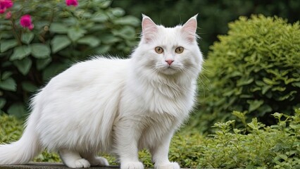 Naklejka na ściany i meble White norwegian forest cat in the garden