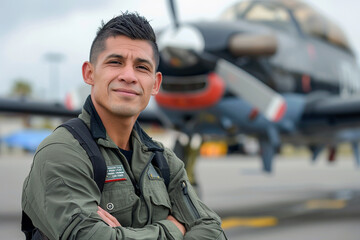 Fototapeta premium Portrait of young Hispanic pilot standing in front of airplane at the airport