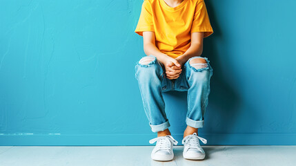 A child in a yellow T-shirt sits against a blue wall. Relationships among teenagers, bullying, problems of adolescence - obrazy, fototapety, plakaty