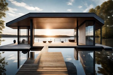 A modern, minimalist boathouse with large windows, wooden decking, and a view of the water
