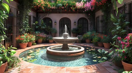 A tranquil garden courtyard with a bubbling fountain at its center, surrounded by blooming flowers and lush greenery - obrazy, fototapety, plakaty