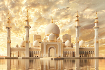 Fototapeta na wymiar 3d golden islamic mosque. ramadan kareem banner background. ramadan kareem holiday celebration concept