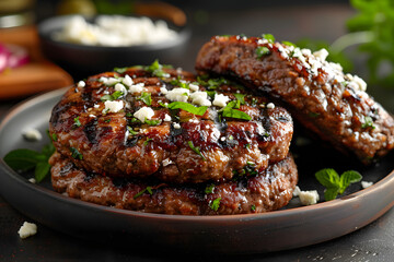 Two Hamburger Patties With Feta Cheese on a Plate - obrazy, fototapety, plakaty