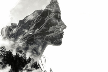 Double exposure portrait of woman blended with nature, high mountains on light background. Spring, travel, nature and wanderlust concept. Alone solo traveler, dreams, meditation and thinking, ecology
