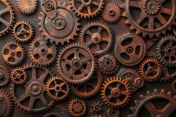Close-up view of a rusted, vintage gear with intricate clockwork details and metallic surfaces. Industrial steampunk design with fine mechanical patterns