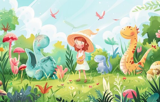 Serene and whimsical fairy tale park young girl with fantastic creatures in a cartoon meadow