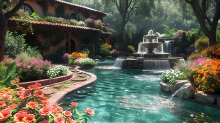 A tranquil garden oasis with winding pathways, blooming flowers, and the soothing sound of water trickling from a fountain - obrazy, fototapety, plakaty