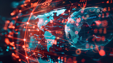 An intricate digital world map visualization, representing global network connectivity and data exchange across continents