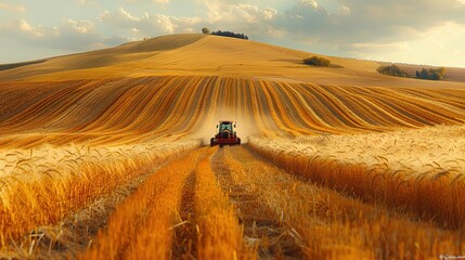 Harvesting grain in a wheat field, photograph. Grain harvesting - obrazy, fototapety, plakaty