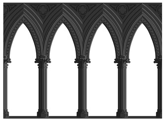 Gothic decorated arcade painting. Grey scale illustration of ornamented triforium