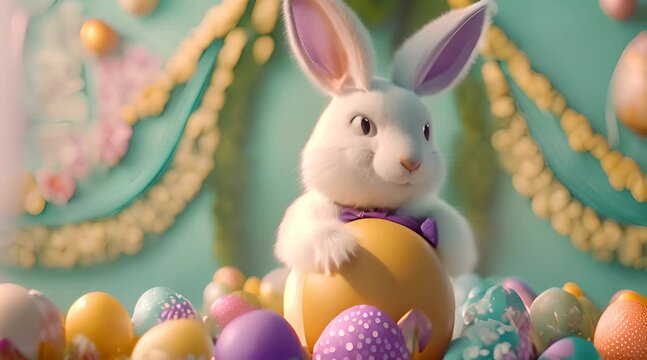 Cute bunny with pastel Easter eggs, ideal for seasonal projects and whimsical designs
