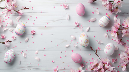 Fototapeta premium Spring composition with decorated easter eggs and cherry blossoms