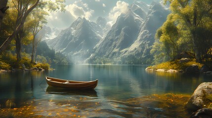 A tranquil lakeside scene with a lone boat drifting lazily on the water, surrounded by lush greenery and towering mountains in the distance