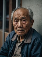 Lonely elderly asian man looking sad at the camera on a homeless shelter from Generative AI