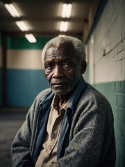 Lonely elderly black african man looking sad at the camera on a homeless shelter from Generative AI