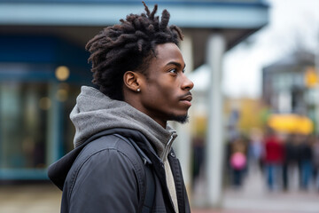 Fototapeta premium AI generated portrait of a handsome attractive man traveling in downtown outside