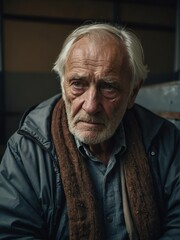 Lonely elderly caucasian man looking sad at the camera on a homeless shelter from Generative AI