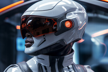 Fototapeta premium Science fiction picture of modern cyborg with a cyberpunk helmet on a futuristic background made with generative AI