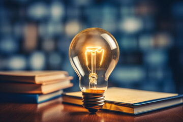 Light bulb glowing on book idea of ​​inspiration from reading innovation idea concept generative AI