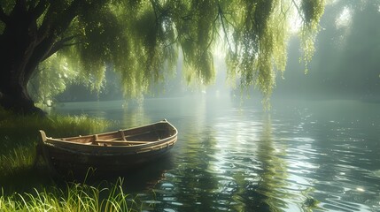 A tranquil riverside scene with a wooden rowboat gently bobbing on the water, surrounded by tall...