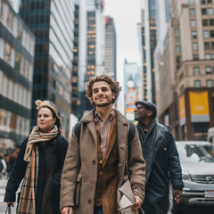Fototapeta premium A couple walks together happily in the city streets during winter, embracing the urban lifestyle amidst smiling people and bustling streets