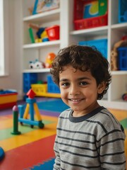 Portrait of a happy kid hispanic boy playing on a kindergarten room from Generative AI