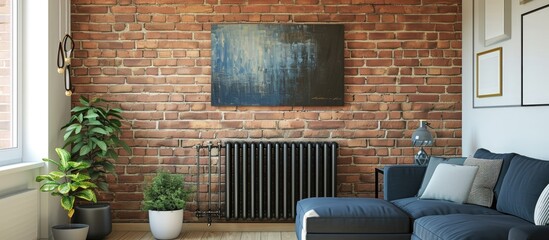 Minimalist loft-style living room in a modern house with a decorative painting above a radiator and potted plant, showcased in a vertical brick wall photograph. - Powered by Adobe