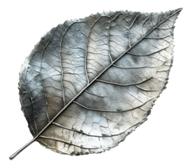 A 3D image of a shiny metal leaf on a plain white background.