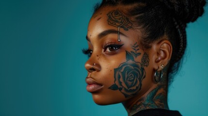 Close up portrait of beautiful african american young woman with a tattooed face with earrings and piercing