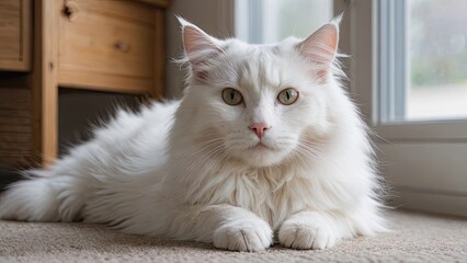 White norwegian forest cat laying on the floor indoor