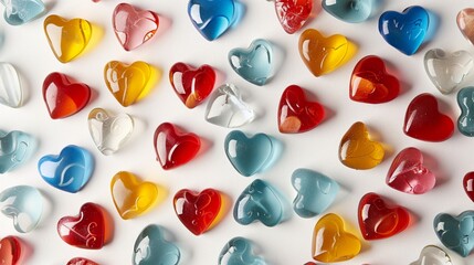 A collection of colorful heart-shaped candies scattered on a white background, reminiscent of sweet gestures and affectionate moments. - obrazy, fototapety, plakaty