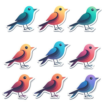 set of multi-colored cartoon birds on a white background, isolated

