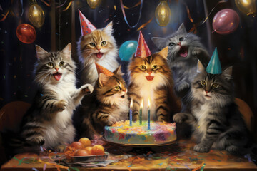 Group of six kittens wearing birthday party hats.Birthday pet party,cake with candles,ballons,confetti