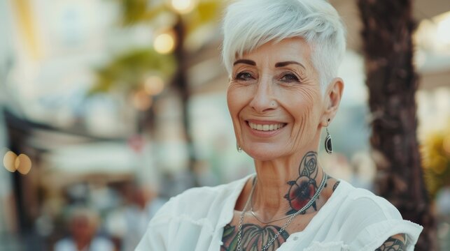 Joyful Senior Woman with Chic Tattoos. A radiant senior woman with stylish white hair and elegant tattoos smiles warmly, exuding confidence and a zest for life in an outdoor setting